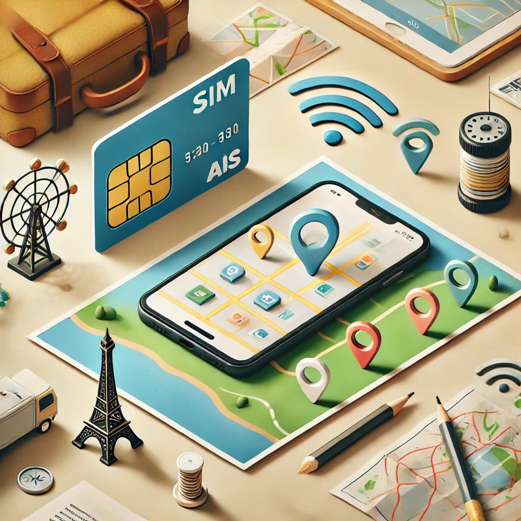 Illustration of a SIM card, smartphone, and map for staying connected while traveling.