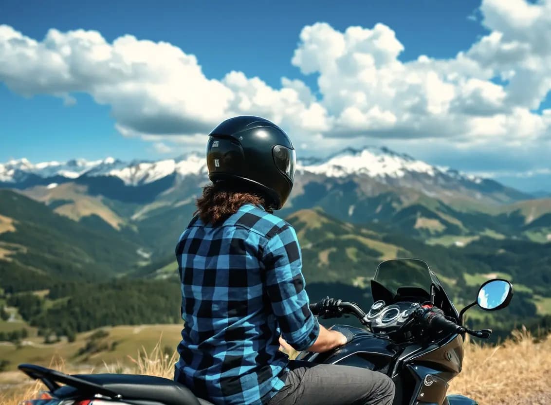 Rider looking over mountain landscape