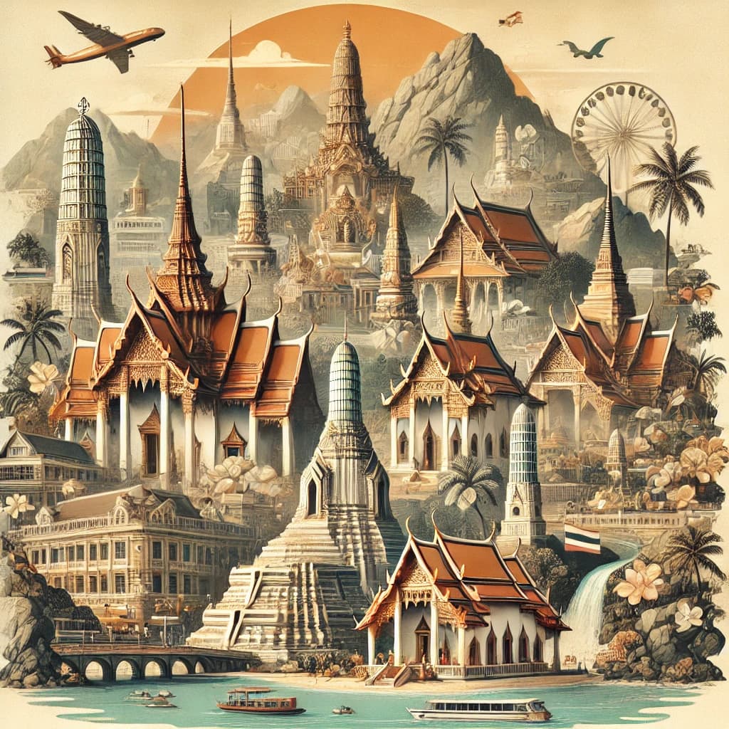 Illustrated map of Thailand showcasing iconic landmarks and cultural destinations.