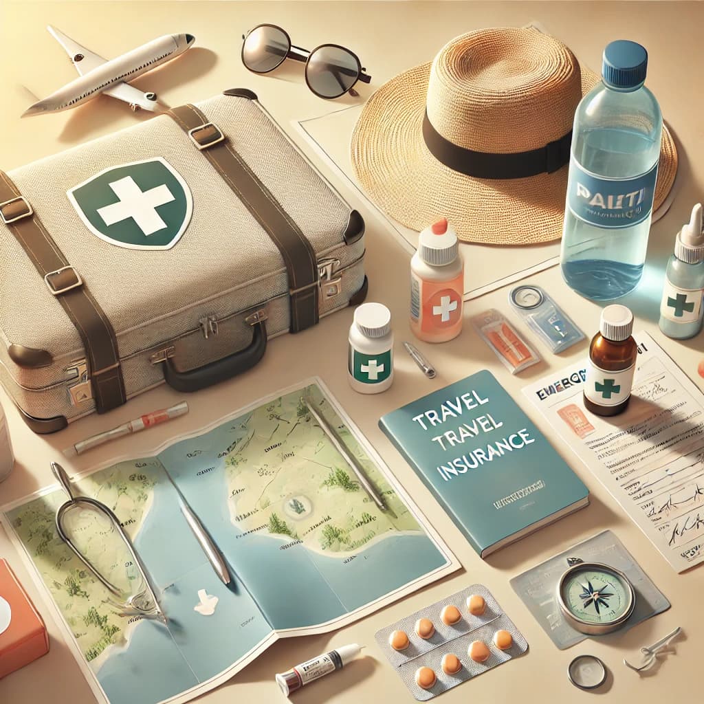 Flat lay of travel essentials including a first aid kit, water bottle, and sunscreen.